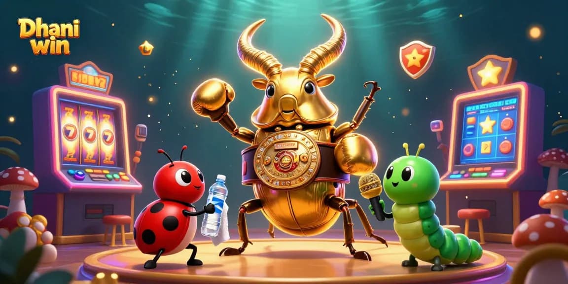 Dhani win offers exhilarating slot gameplay with vibrant golden symbols and gaming action in a colorful scene.