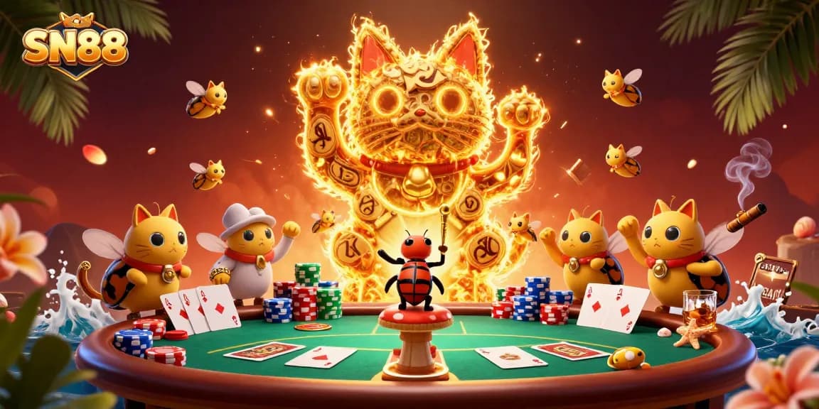 Experience thrilling bets with SN88's dynamic lucky cat casino illustration.