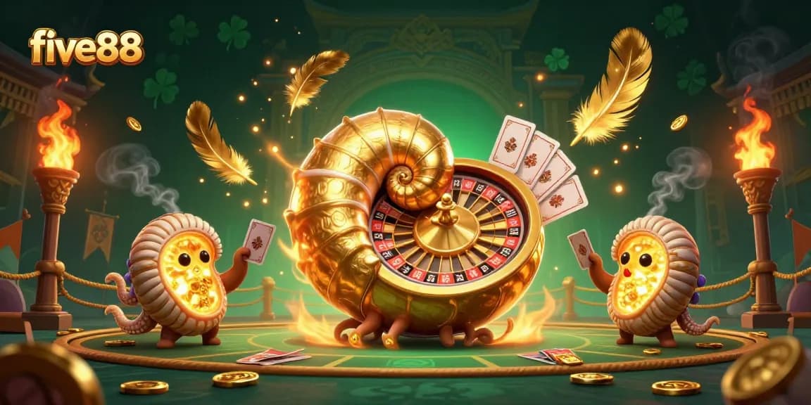 Experience the excitement of five88 with a vibrant 3D illustration of a nautilus roulette wheel and gold coins.