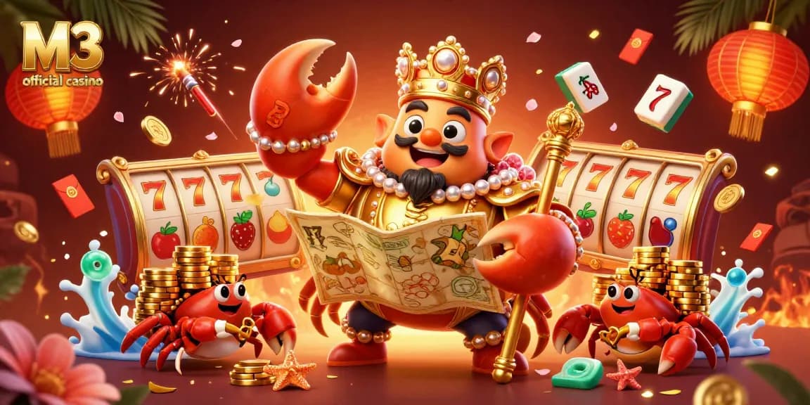 Engage with exciting gameplay at M3 official casino featuring a golden crab emperor and vibrant gaming elements.
