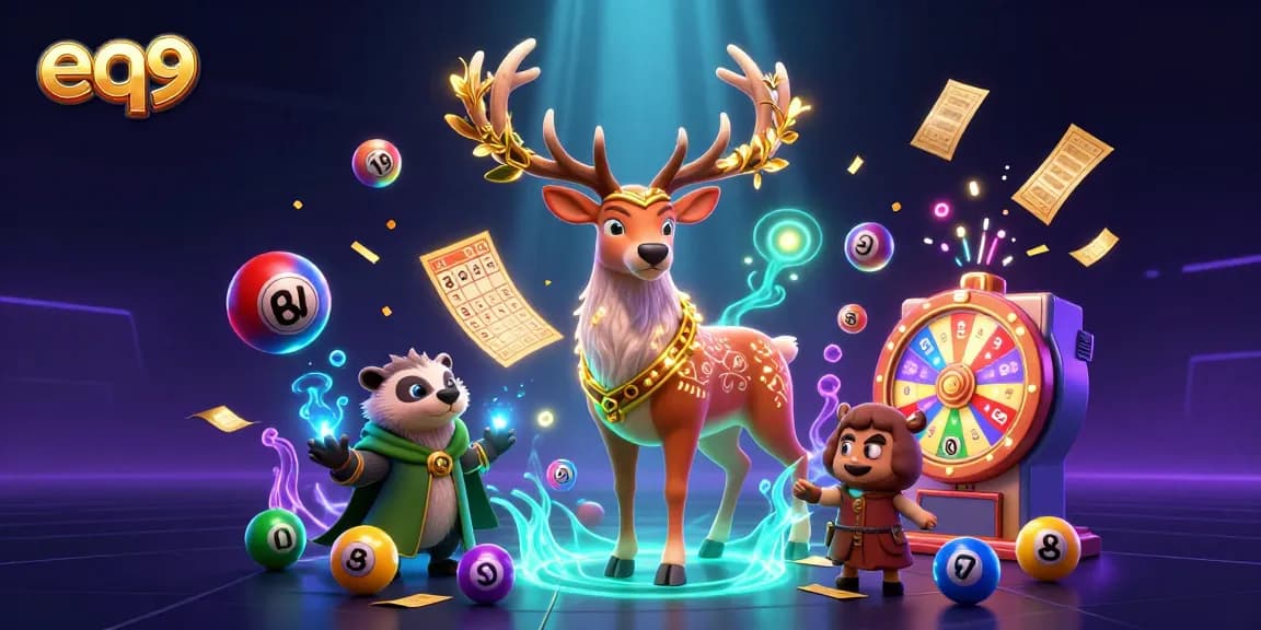 Experience thrilling gameplay at eq9 with colorful lottery balls, a druid stag, and vibrant casino elements.