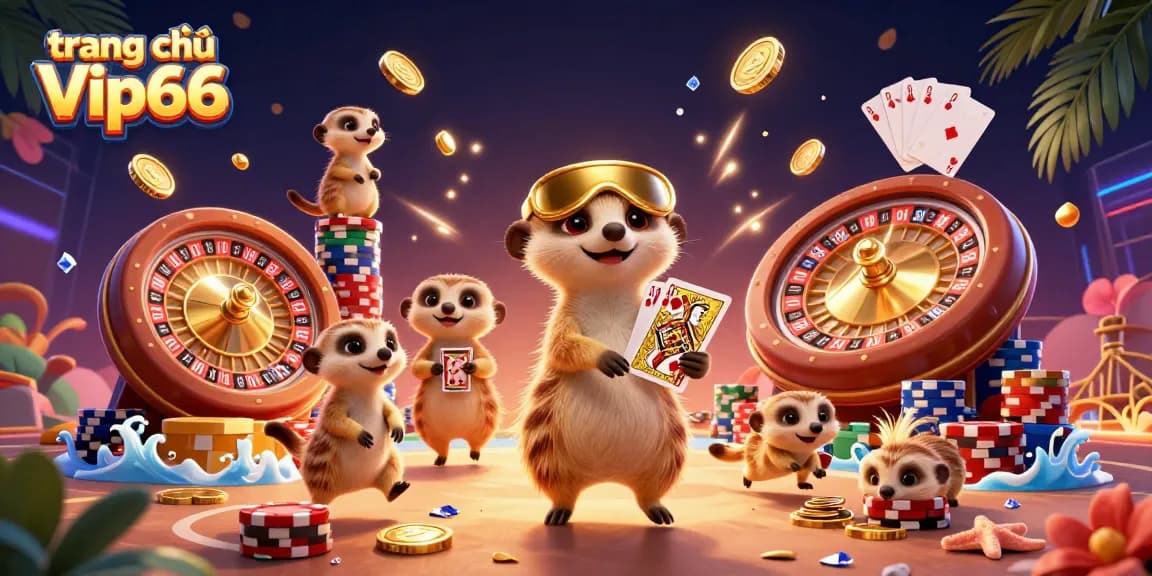 Experience excitement at trang chủ Vip66 with adorable meerkats running a vibrant casino scene filled with dazzling game elements.