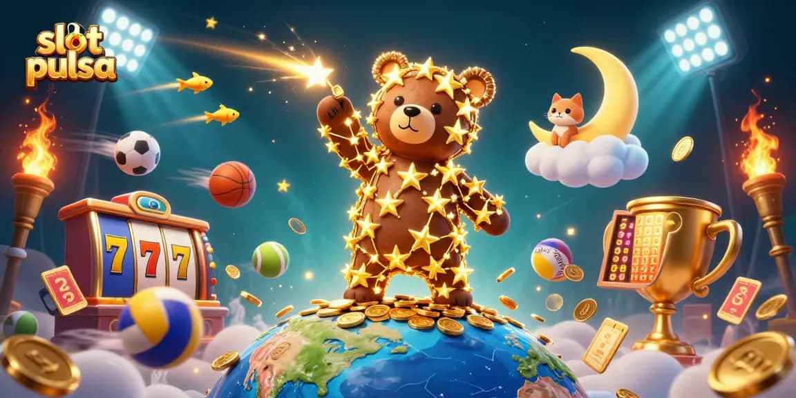 Spin the reels with slot pulsa as golden stars and lucky charms create winning moments in this vibrant casino scene.