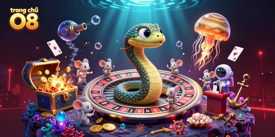 Engaging scene featuring the trang chủ O8 brand with vibrant casino-themed illustration and cosmic elements.