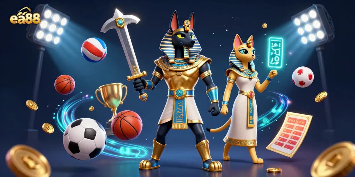 Engage with ea88 slots and sports betting in this dynamic casino illustration filled with vibrant elements and characters.