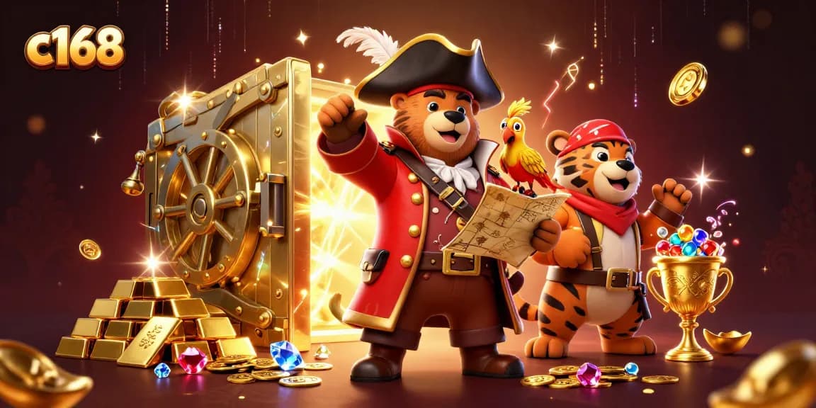 C168 engages players with vibrant casino gaming, featuring lively characters in a treasure-filled scene.