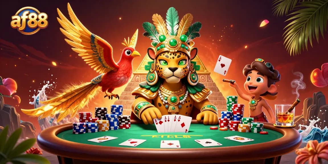 Engage with af88's vibrant casino world featuring poker, chips, and a dynamic atmosphere.