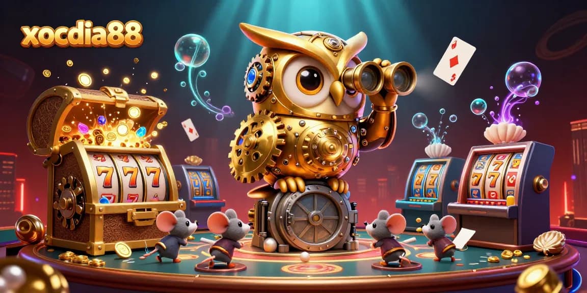 Xocdia88 casino scene with a golden owl, wind-up mice, and vibrant slot machines, highlighting thrilling gaming adventures.