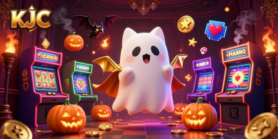 KJC ghost cat plays among colorful slot machines in a vibrant casino, showcasing luck and fun.