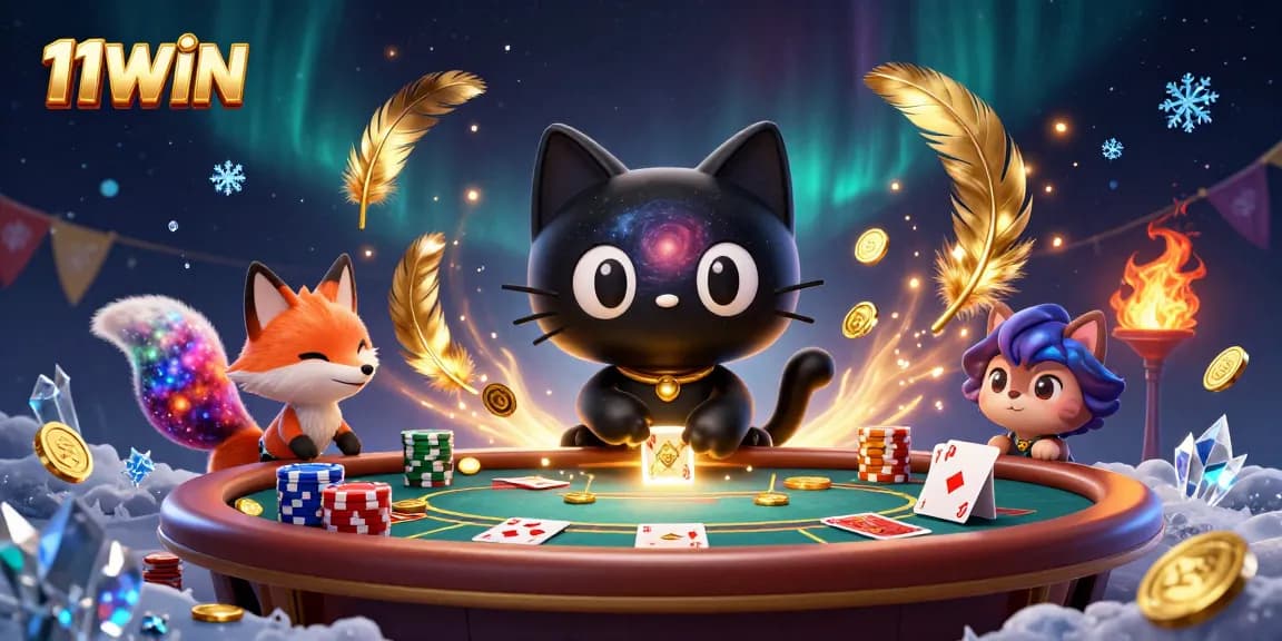 Play and win with 11WIN in this cosmic casino scene featuring card games and dynamic elements.