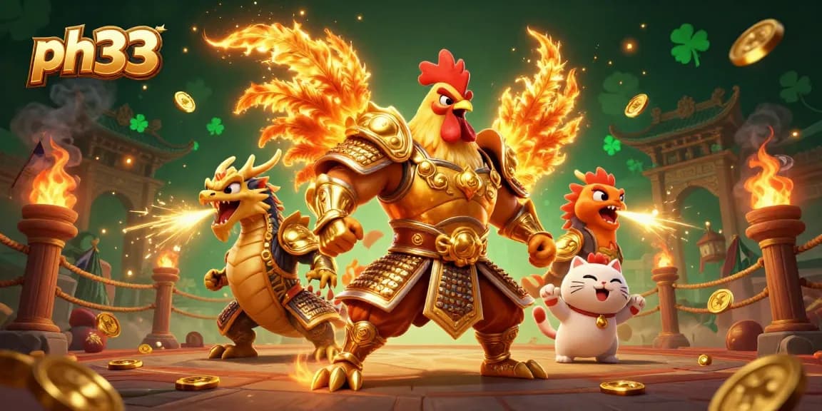 Experience ph33's thrilling cockfighting action with a golden armoured rooster in a vibrant arena.