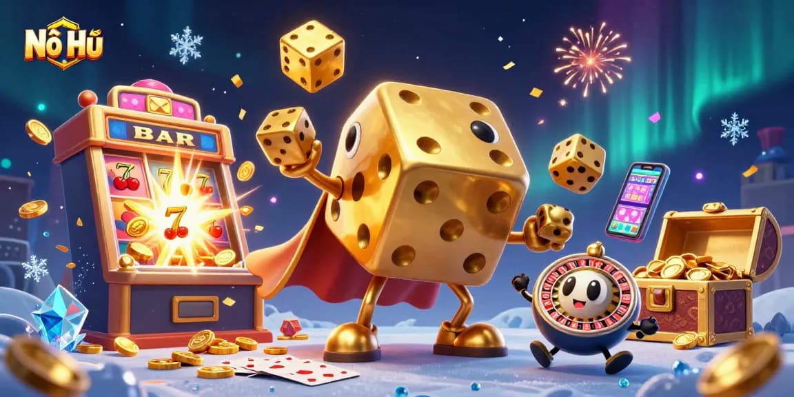 Experience the thrill of Nổ Hũ with golden dice characters amidst jackpot explosions and vibrant casino symbols.