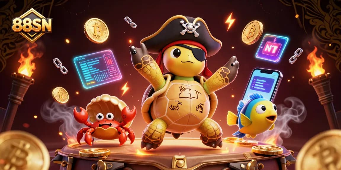 Experience exciting gameplay at 88SN with a colorful 3D casino scene featuring unique characters and crypto elements.