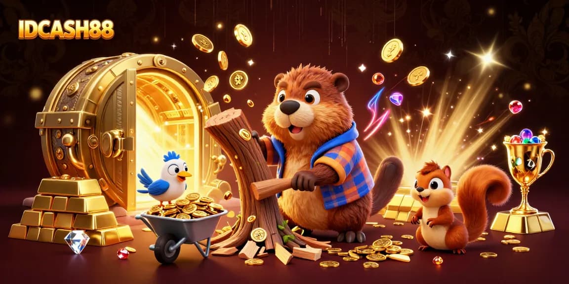Enjoy thrilling experiences with IDCASH88 as you witness a beaver, bird, and squirrel amidst a treasure scene.