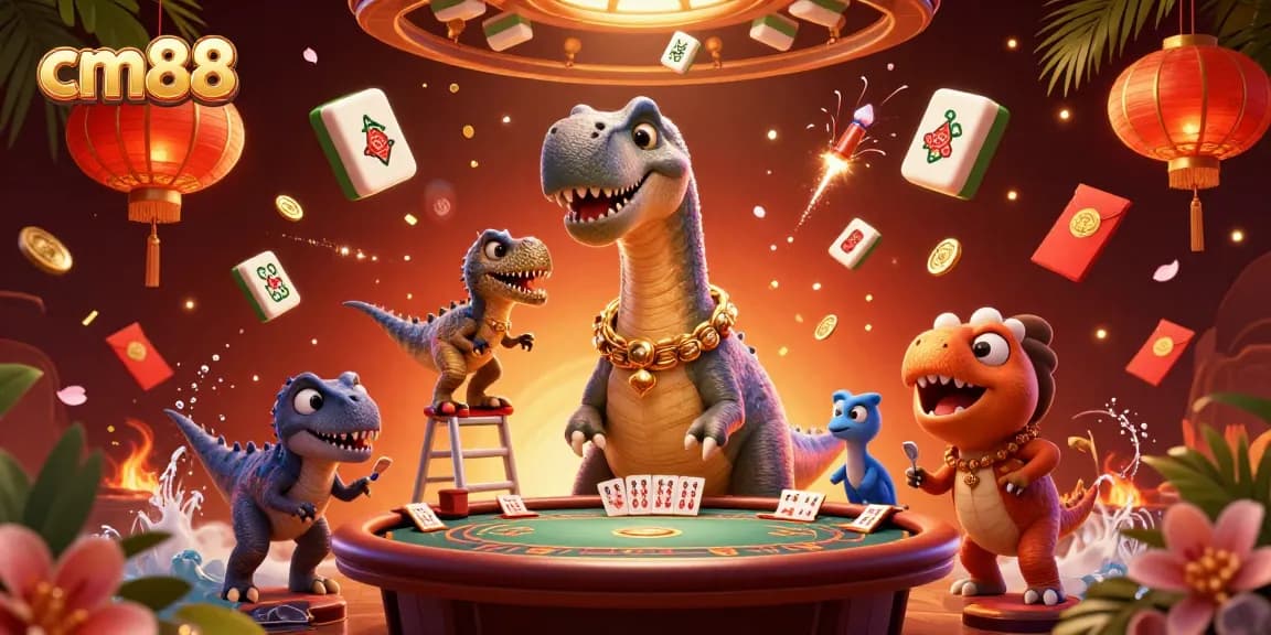 cm88 showcases an electrifying casino scene with a towering dinosaur and clever raptor dealer.