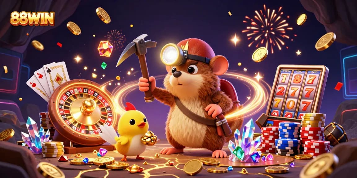 Experience 88WIN's thrilling casino adventure with vibrant visuals of a treasure-hunting mole.