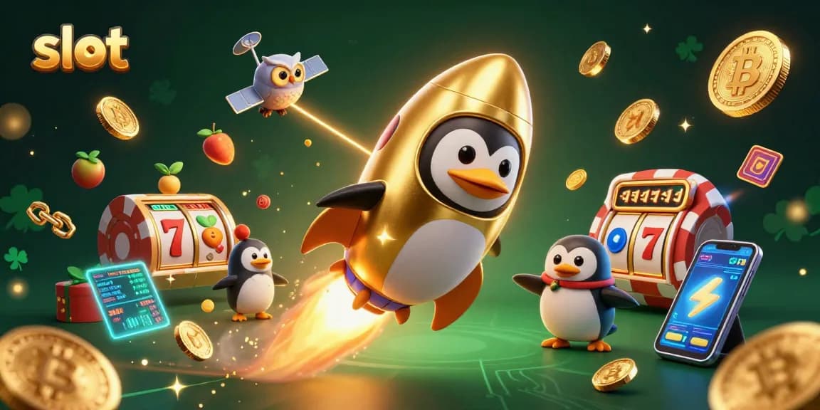 Menghadirkan slot yang menarik dengan penguin emas terbang melalui luar angkasa, dikelilingi simbol lotere dan jackpot