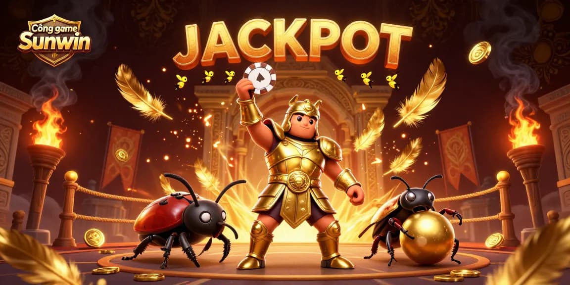 Cổng game Sunwin showcases a vibrant 3D scene of a victorious beetle champion lifting a poker chip amidst a dynamic casino atmosphere.