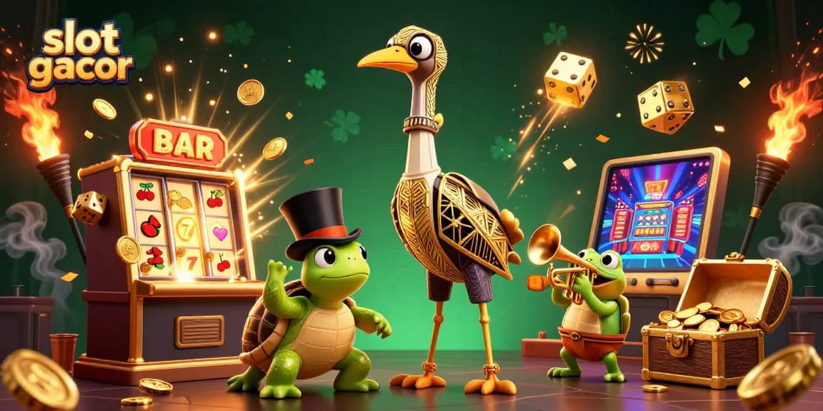 Bermain slot gacor dengan karakter karnaval dan mesin slot meledak, menghasilkan koin dan cahaya berkilauan