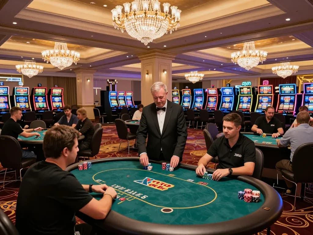 Players engaging in intense poker gameplay at a luxurious casino table highlighting their competitive spirit in the XX88 58k experience.