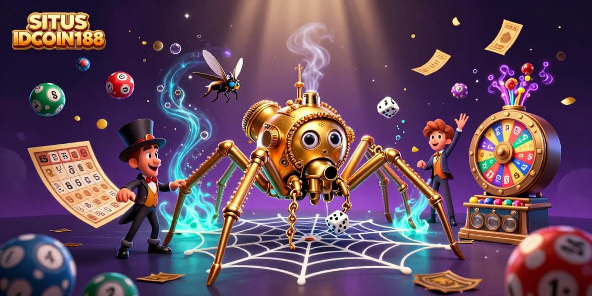 SITUS IDCOIN188 showcases a vibrant 3D casino art with a steampunk spider and dynamic lottery elements.