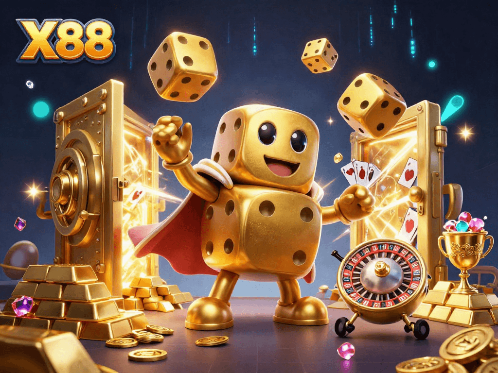 X88 delivers excitement with a golden dice golem and treasure vault in a vibrant casino setting.