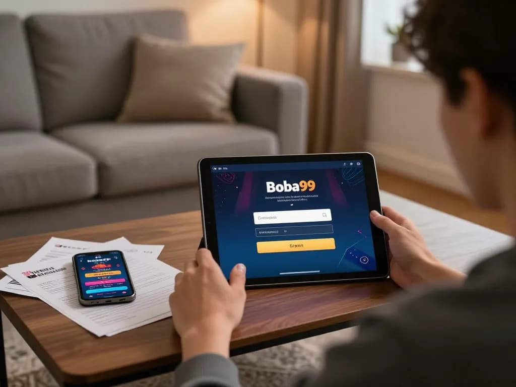 Antarmuka Login Boba99 yang ditampilkan selama pengalaman bermain game di rumah yang menarik di tablet.