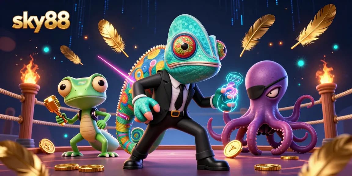 Spin with excitement at sky88 featuring a chameleon, gecko, and octopus amidst casino elements.
