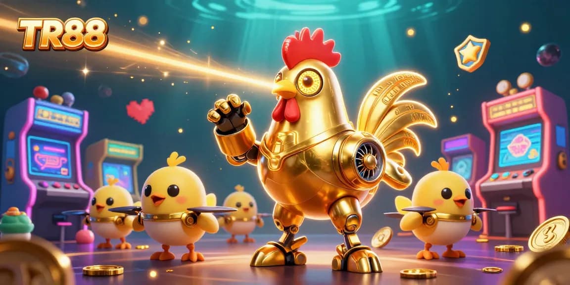 Engage in thrilling gaming adventures at TR88 with a golden rooster robot and playful drones.