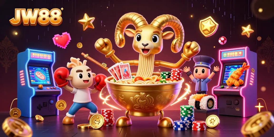 Experience thrilling gameplay at JW88 with our vibrant 3D illustration of casino action featuring lively characters and game elements.