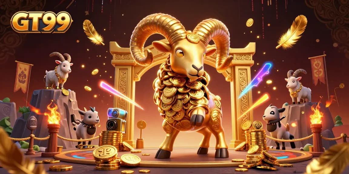 Experience thrilling gameplay with GT99's golden ram charging at the casino gates amidst gold coins and vibrant elements.