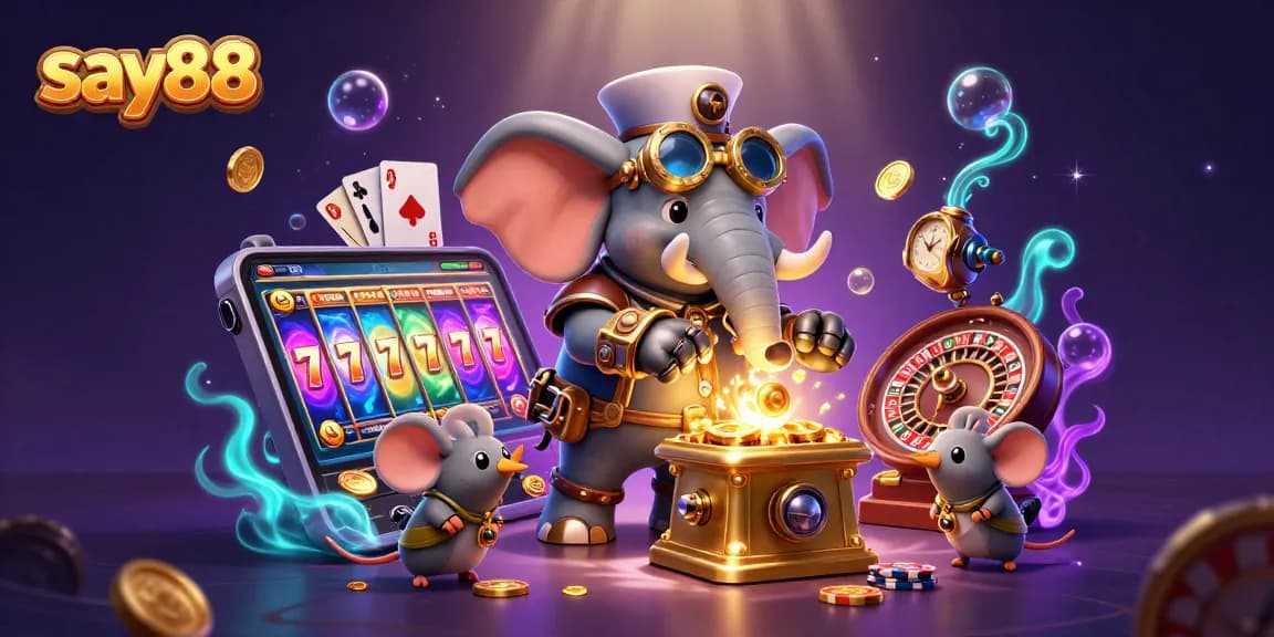 Spin the wheels and win with say88 in this vibrant, steampunk-themed casino illustration.
