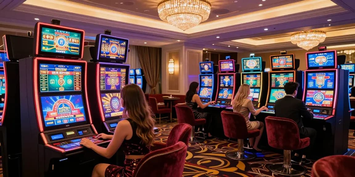LUXURY777 menciptakan suasana kasino mewah dengan pemain bersenang-senang di mesin slot elegan.