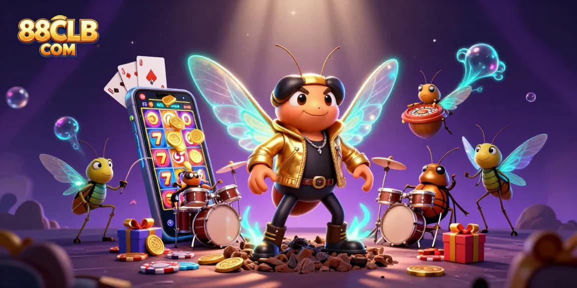 Engaging scene featuring 88CLB COM with a rock star cicada and dynamic casino elements for an exciting gaming experience.