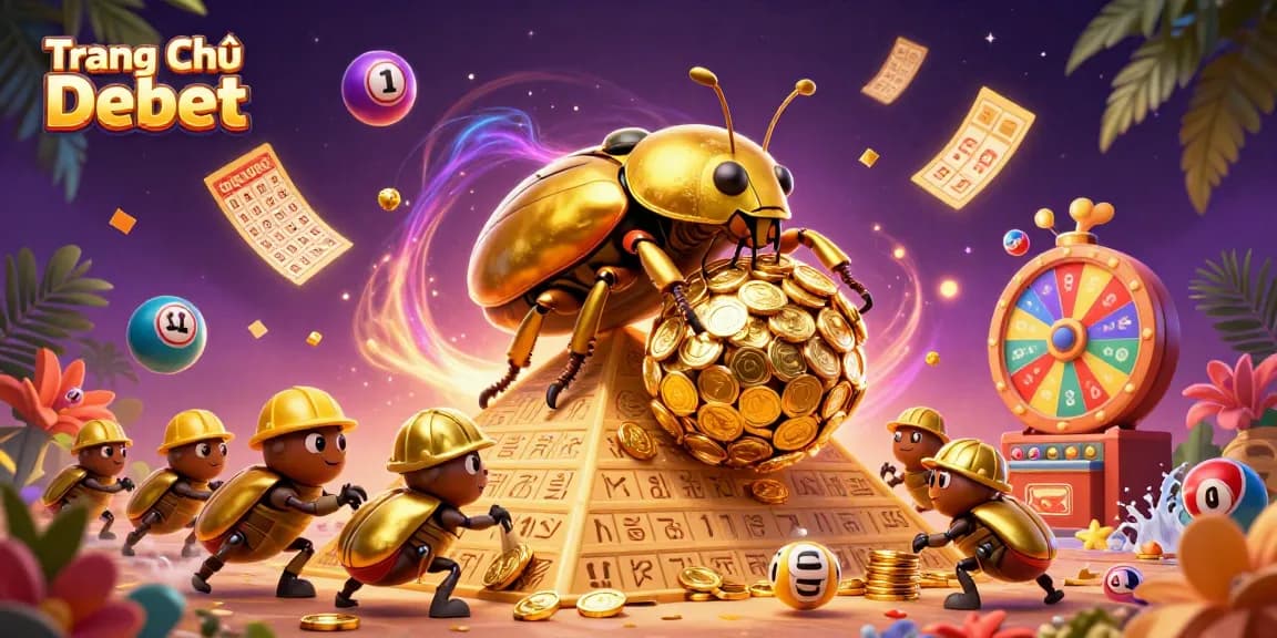 Experience the excitement of gambling with Trang Chủ Debet featuring a golden dung beetle rolling coins with vibrant lottery elements.