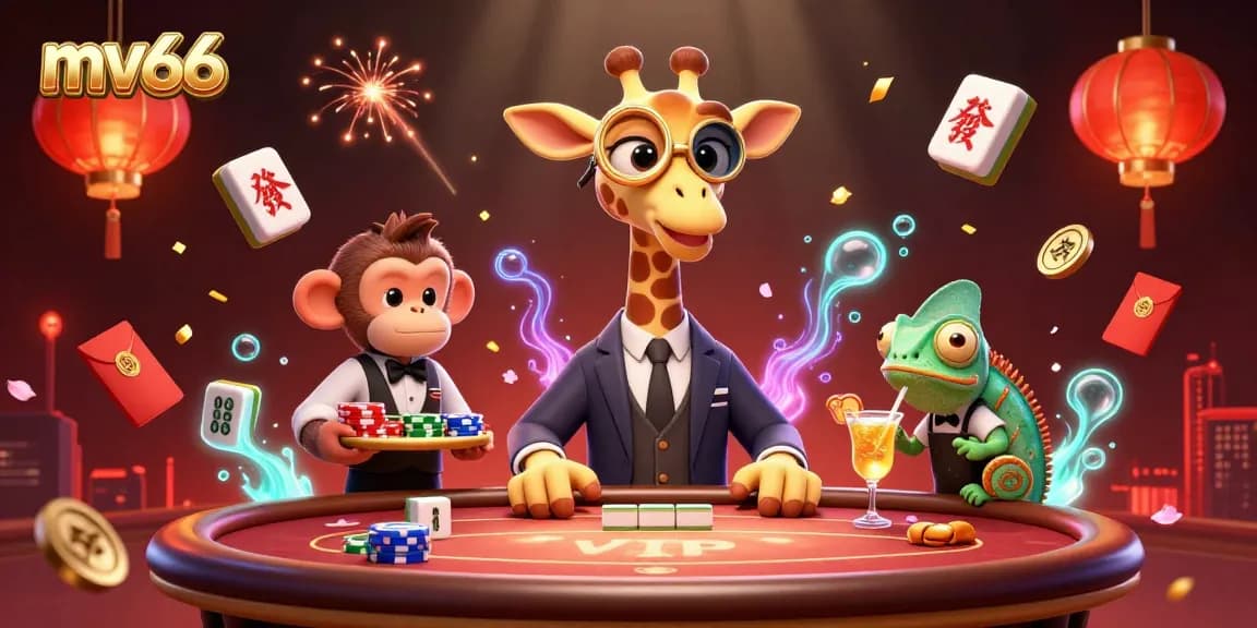 Experience the thrill of mv66 gaming with high-roller giraffe and festive elements in a vibrant casino scene.