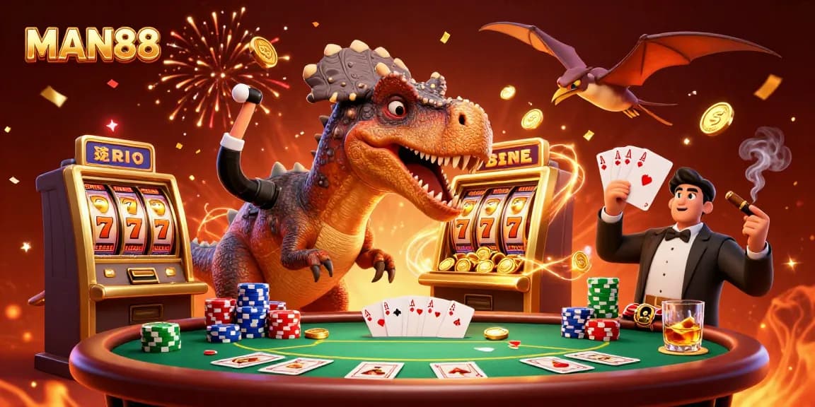 Experience the thrill of MAN88 as cartoon characters interact with a vibrant casino scene filled with winning moments.