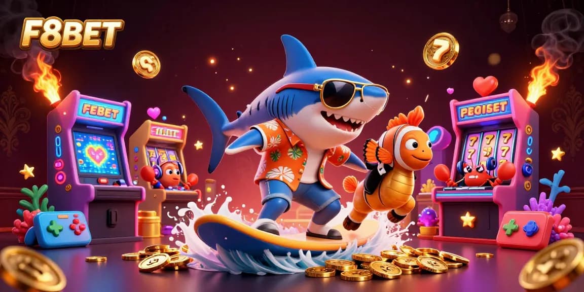 Experience thrilling moments at F8BET with engaging slots and colorful games amidst vibrant casino elements.
