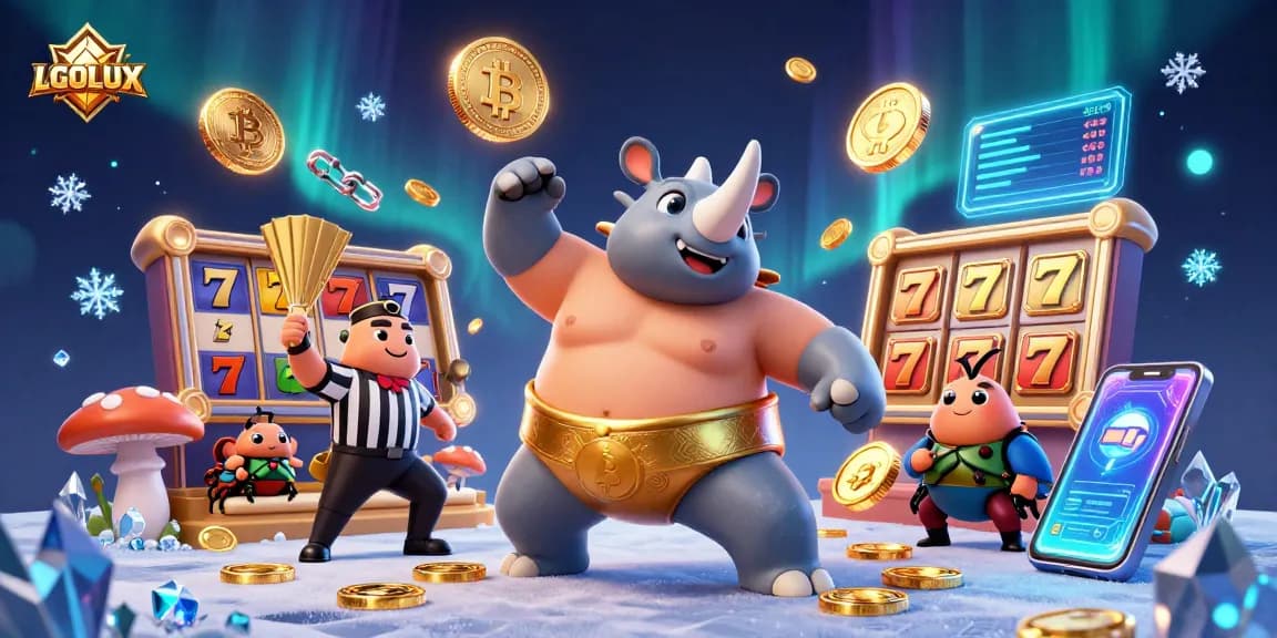 Experience exciting wins at LGOLUX with this energetic slot jackpot scene featuring vibrant characters and crypto elements.
