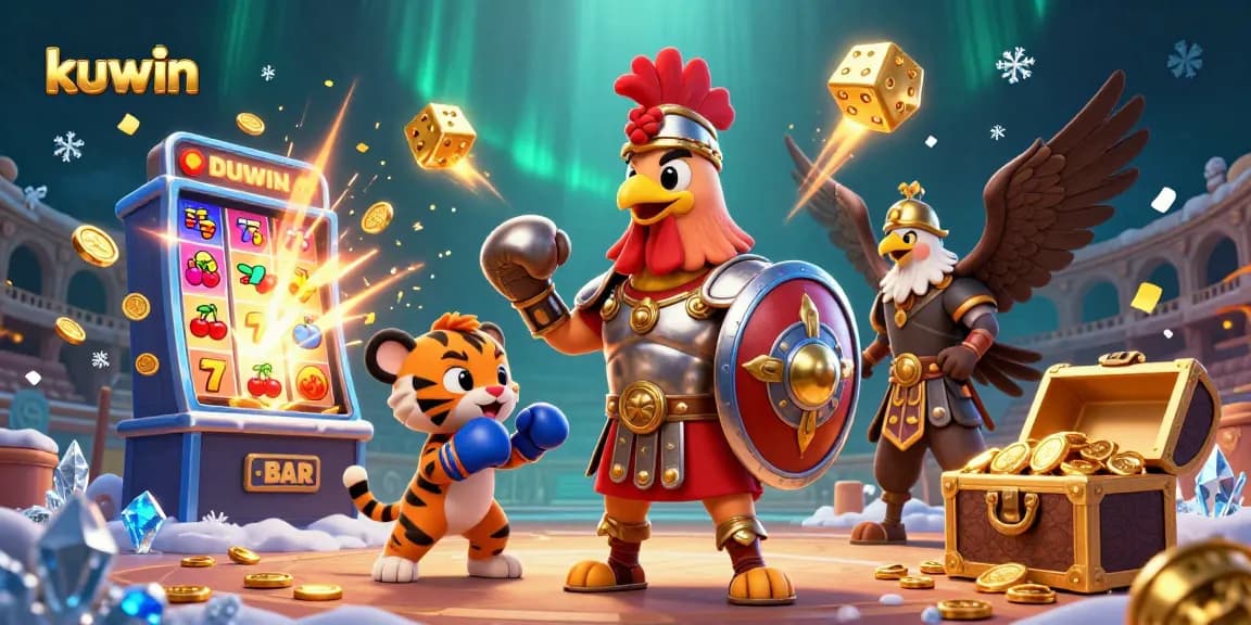 Kuwin showcases exciting gameplay with giant slots and vibrant casino elements surrounding dynamic characters.