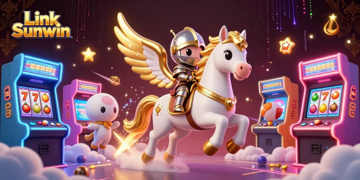 Experience the excitement of Link Sunwin with vibrant 3D casino-style art illustrating games and adventures.