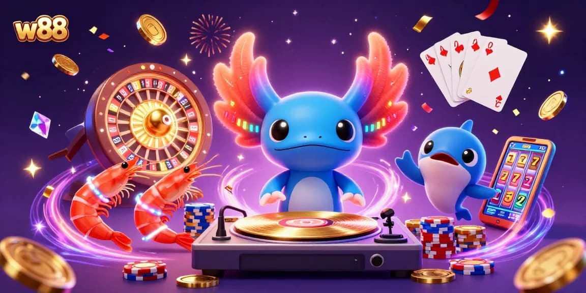 Cá cược tại w88 với hình ảnh axolotl DJ và nhóm cá sống động.