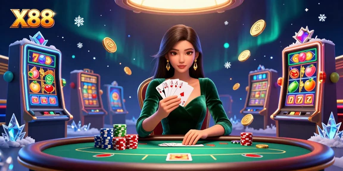 X88 offers an exciting slot game experience with vibrant reels and jackpot opportunities at a lively poker table.