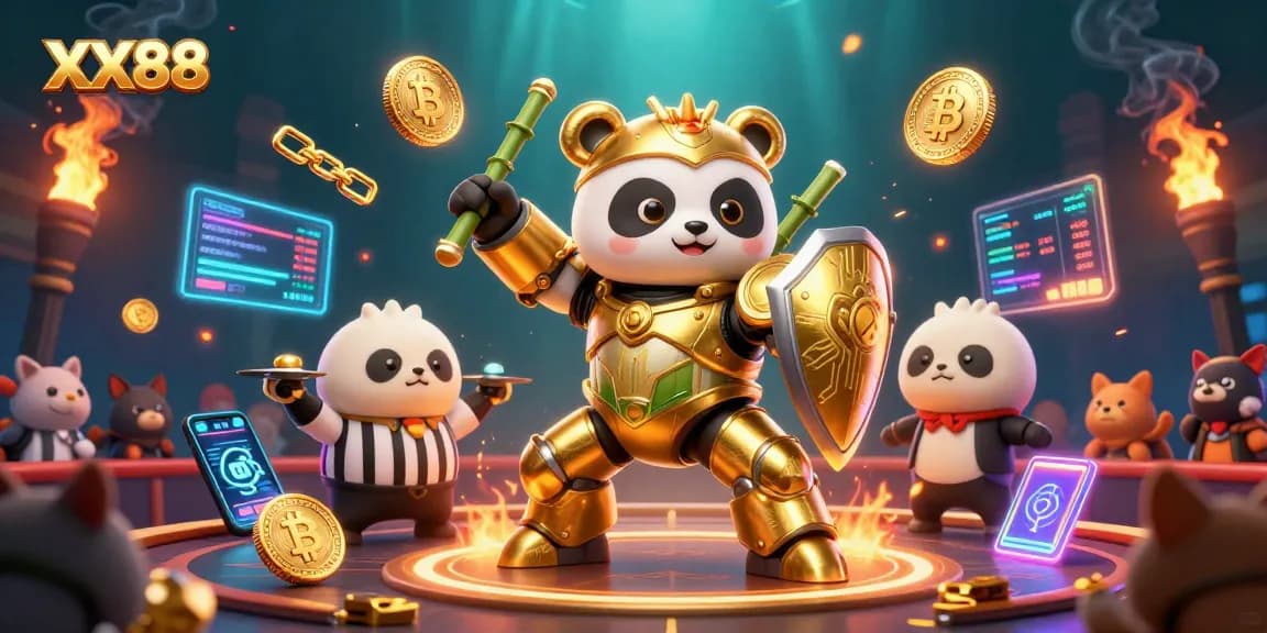 Experience adrenaline at XX88 casino with a mech-suit panda and crypto elements in a vibrant arena.