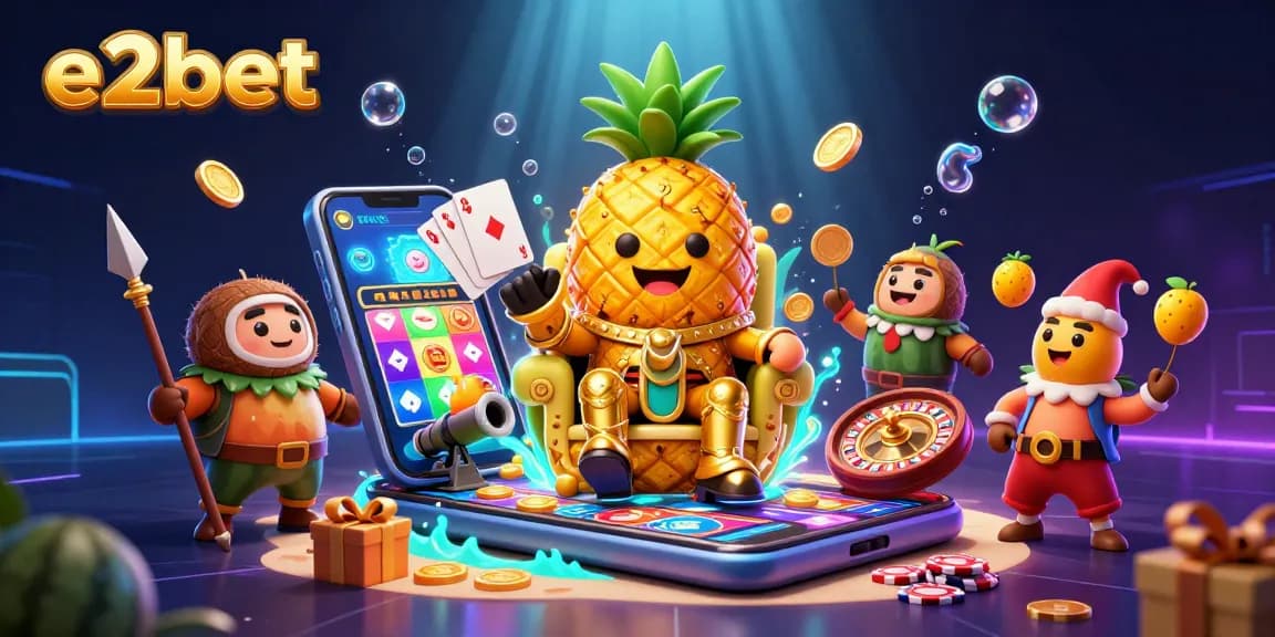 e2bet offers a vibrant 3D casino scene with a golden pineapple king amid exciting gaming elements.