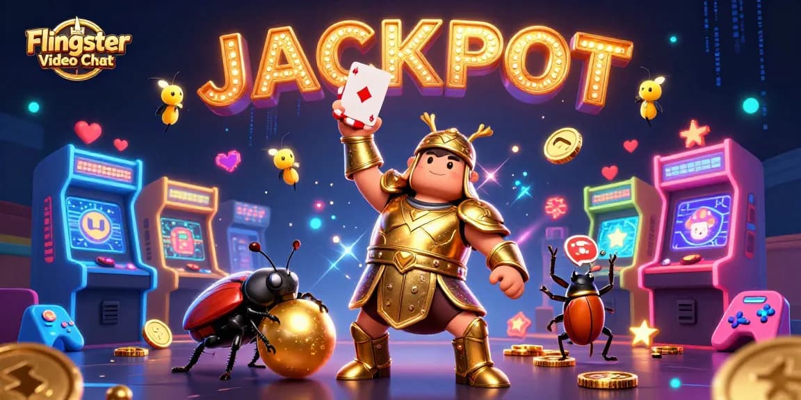 Engage in fun with Flingster Video Chat using a vibrant fantasy scene featuring animated characters and casino elements.