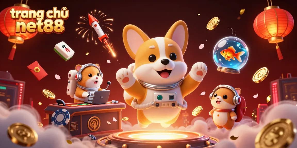 Experience the excitement at trang chủ net88 floating in a vibrant casino with animated characters, game elements, and cheer.