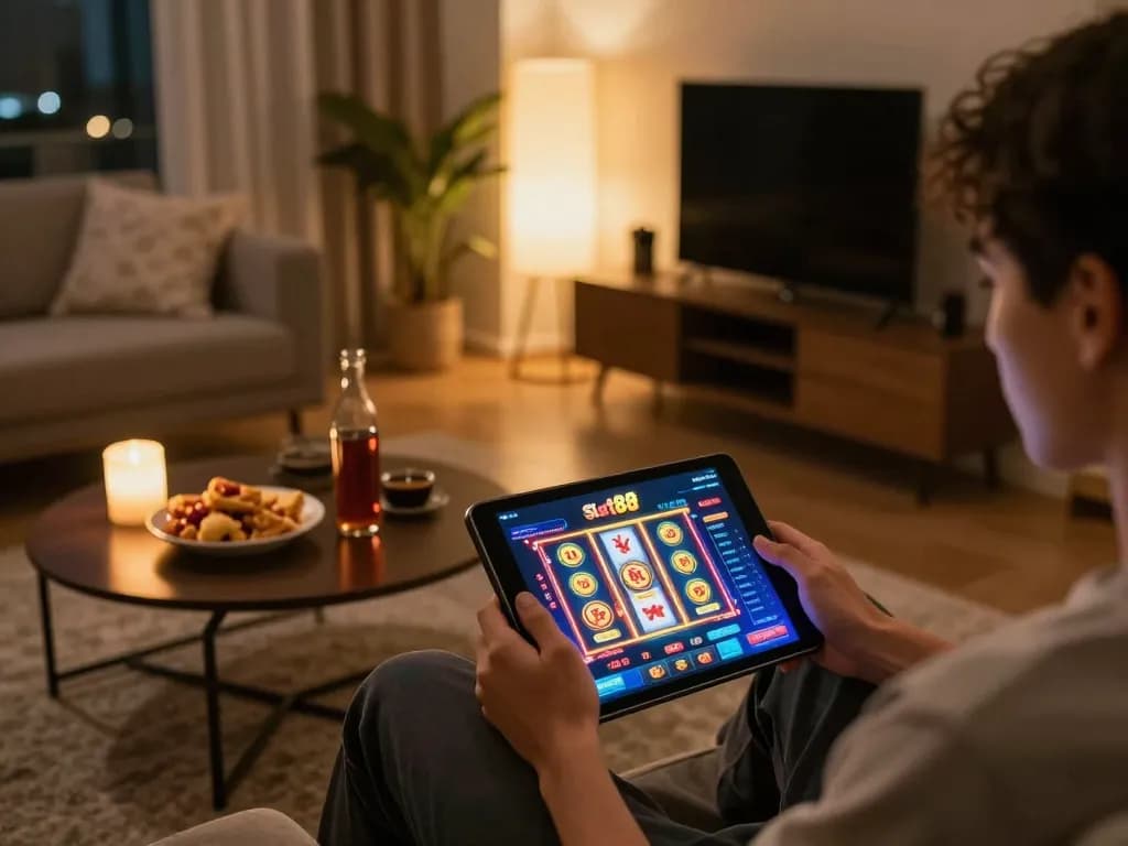 Memainkan permainan slot yang mendebarkan di antarmuka slot88 apk dengan grafis berwarna-warni di suasana rumah yang nyaman.