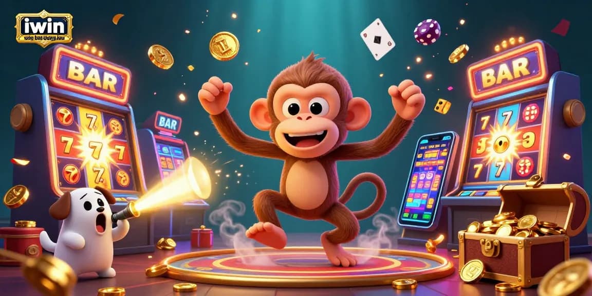 Engage with the vibrant atmosphere of iwin sòng bạc thượng lưu featuring a poltergeist monkey juggling casino items amid dynamic gaming elements.