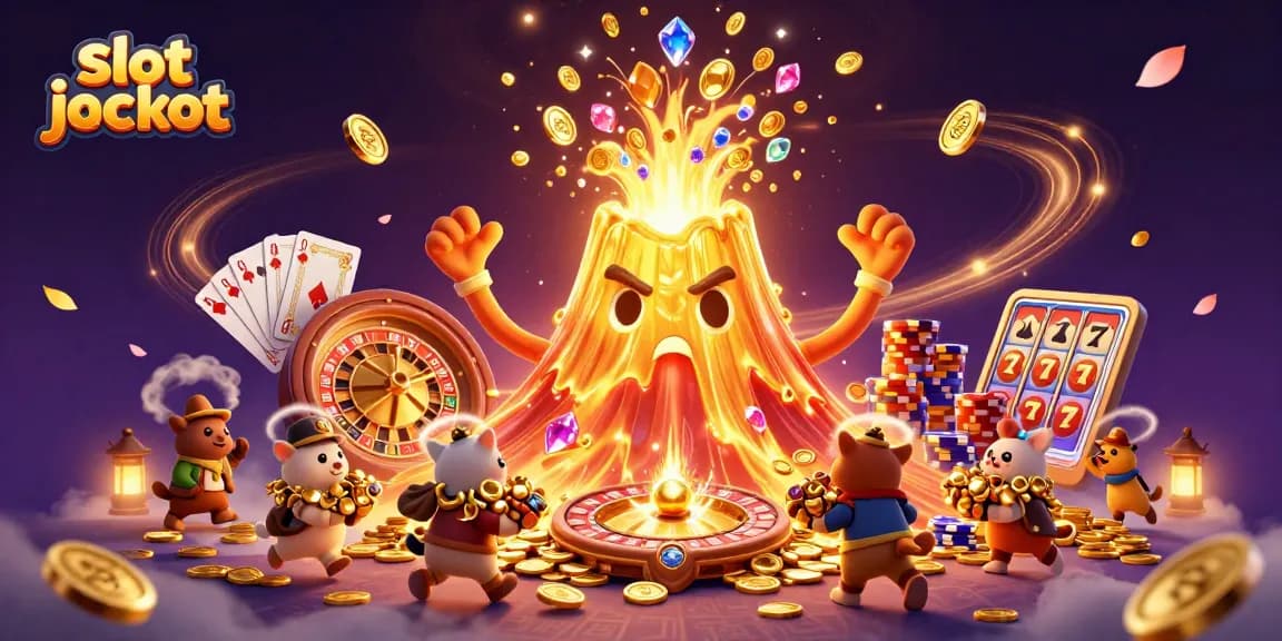 Menang besar di slot jackpot dengan gunung emas yang meletus, menyebarkan koin dan permata
